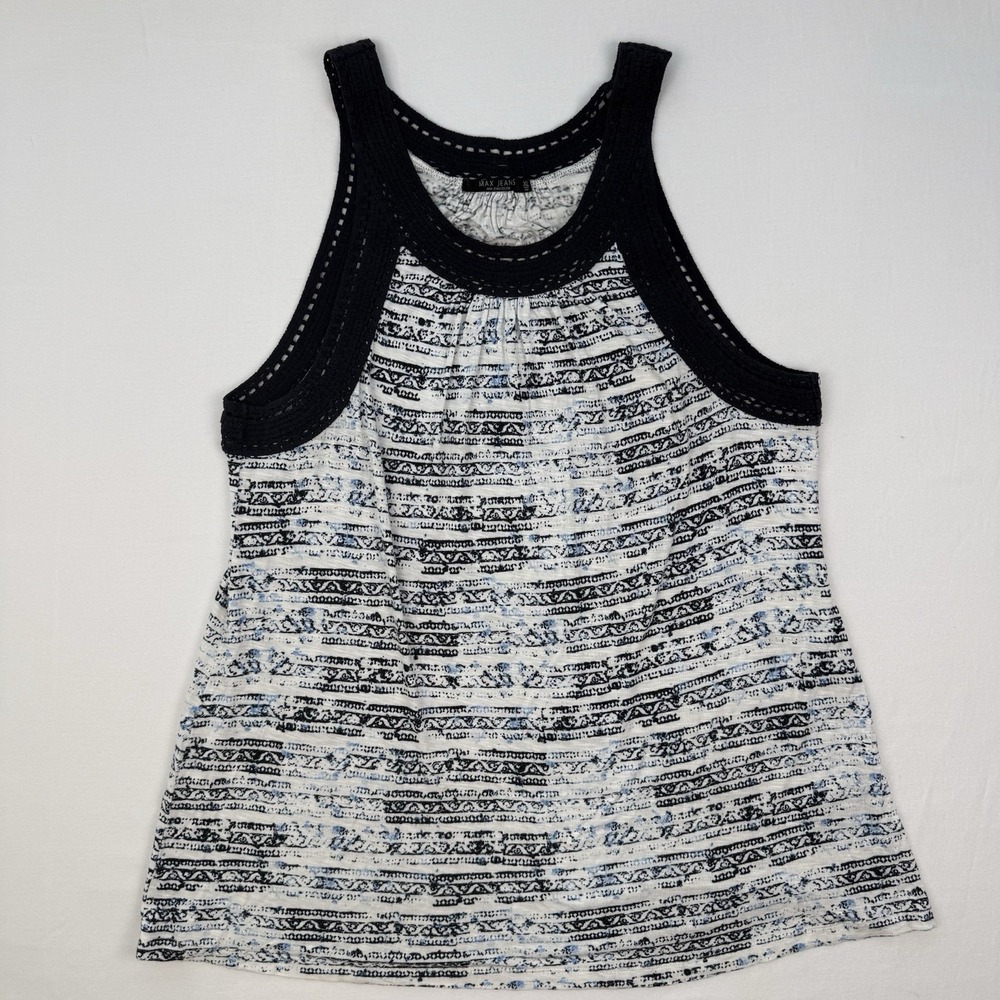 Max Jeans Women XL White Navy Blue Print Tank Top Sleeveless‎ Crochet Neckline